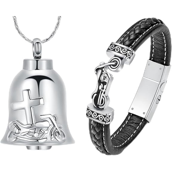 2 Pack Cremation Jewelry Motorcycle / Bell Urn Necklace / Urn Bracelet for Ashes Stainless Steel Memorial Necklace / Bracelet Ash Holder for Human / Pet for Loved Ones with Fill Tool