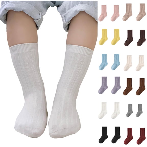 2 Pack Crew Socks for Boys & Girls Breathable Stretchy Casual Solid Color Ribbed Quarter Boot Sock Size 3-12 Toddlers Kids Summer