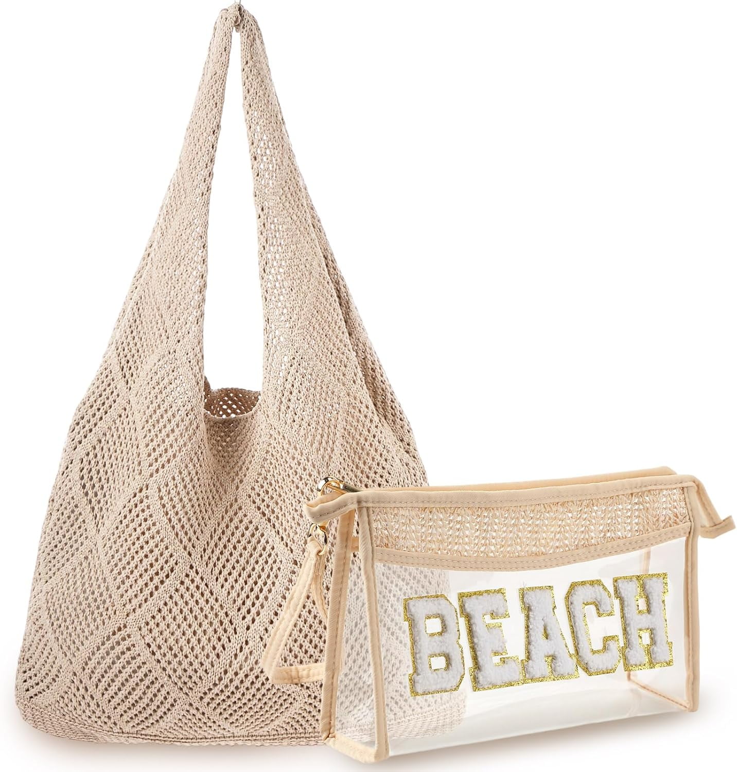 2 Pack Crochet Mesh Beach Tote Bag with Letter Patch Pocket Summer Beach Tote Bohemian Straw Transparent Bag