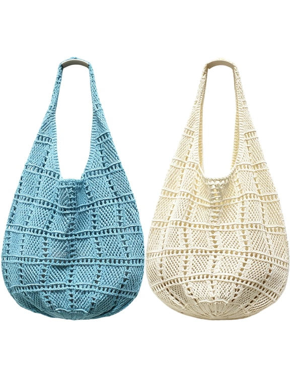 2 Pack Crochet Tote Bag, Large Hollow Knit Shoulder Bag for Women, Lightweight Reusable Market & Beach Tote, Casual Summer Handbag