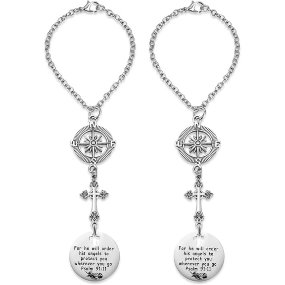 2 Pack Cross Car Charms for Women Men, Guardian Angel Rear View Mirror Decor, Psalm 91:11, Bible Verse, Christian Faith Based Car Accessory, Religious Gift