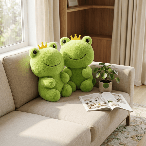 2-Pack Crown Green Frog Plush, Cute Stuffed Animal with Golden Crown, Soft Plush Decor for Bedroom Living Room, Gift for Frog Enthusiasts, for All Ages