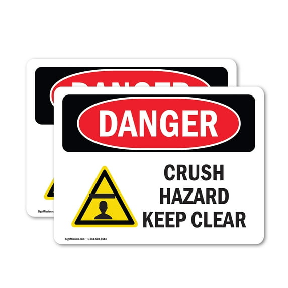 (2 Pack) Crush Hazard Keep Clear OSHA Danger Sign 24 Inch X 18 Inch Vinyl Label Decal Sticker Weather Resistant, UV Protected for Workplace, Business, and Construction Site, Made in the