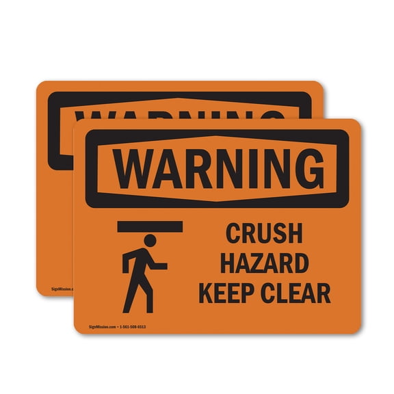 (2 Pack) Crush Hazard Keep Clear With Symbol OSHA Warning Sign 7 Inch X 5 Inch Vinyl Label Decal Sticker Weather Resistant, UV Protected for Workplace, Business, and Construction Site,