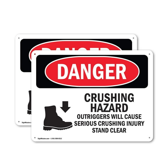 (2 Pack) Crushing Hazard Outriggers Stand Clear OSHA Danger Sign 10 Inch X 7 Inch Indoor / Outdoor Rust-Free Aluminum Metal Signs for Workplace, Workshop, and Construction Site, Made in