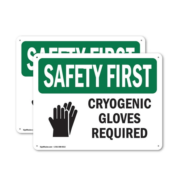 (2 Pack) Cryogenic Gloves Required With Symbol OSHA Safety First Sign 14 Inch X 10 Inch Indoor / Outdoor Rust-Free Aluminum Metal Signs for Workplace, Workshop, and Construction Site,