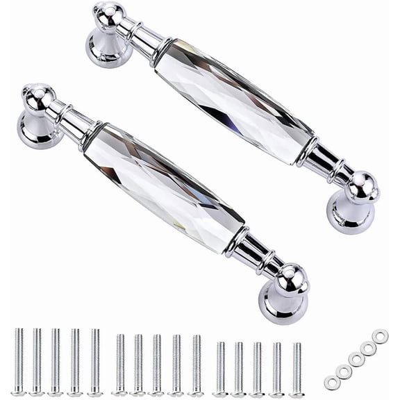 2 Pack Crystal Cabinet Handles Drawer Pulls Chrome Silver Glass Cupboard Door Knobs 5 Inch Hole Spacing