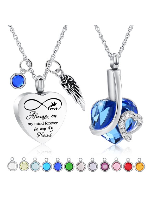 2 Pack Heart Urn Necklace for Ashes With 12 Birthstones Cremation Urns for Human Ashes DIY Birthstone Memorial Cremation Urn Locket Keepsake Ashes Jewelry