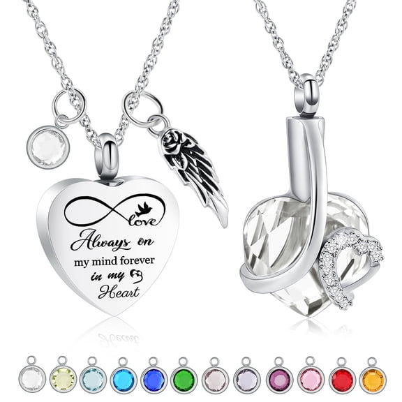 2 Pack Heart Urn Necklace for Ashes With 12 Birthstones Cremation Urns for Human Ashes DIY Birthstone Memorial Cremation Urn Locket Keepsake Ashes Jewelry