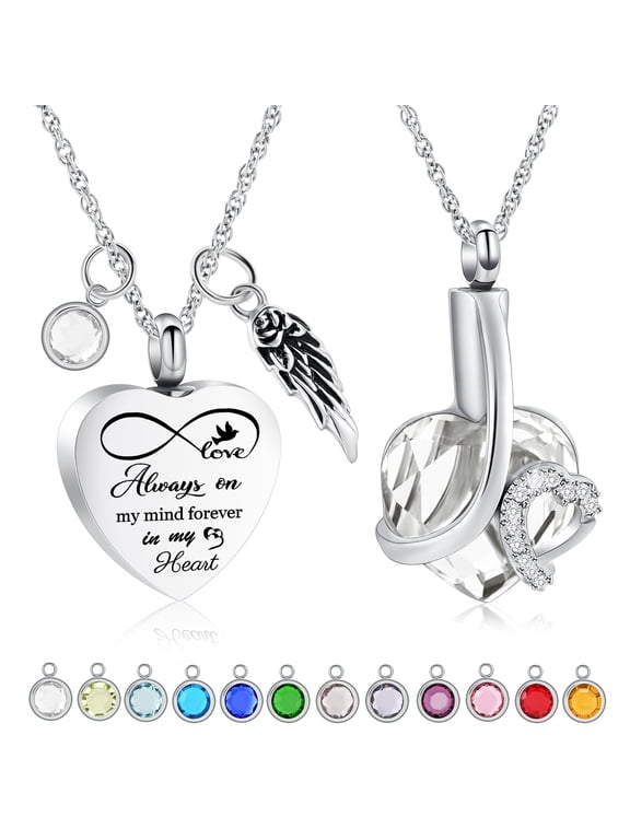 2 Pack Heart Urn Necklace for Ashes With 12 Birthstones Cremation Urns for Human Ashes DIY Birthstone Memorial Cremation Urn Locket Keepsake Ashes Jewelry