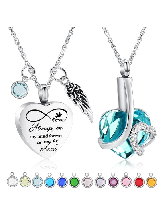 2 Pack Heart Urn Necklace for Ashes With 12 Birthstones Cremation Urns for Human Ashes DIY Birthstone Memorial Cremation Urn Locket Keepsake Ashes Jewelry