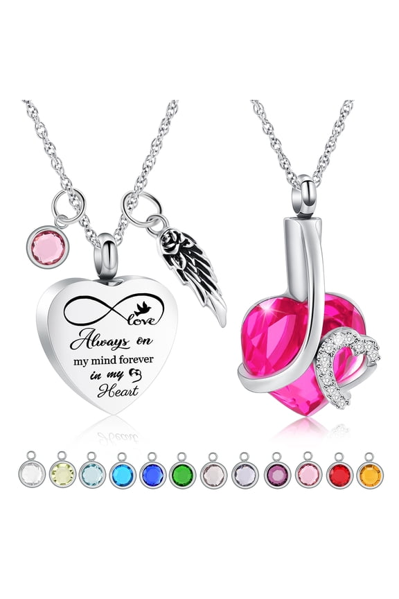 2 Pack Crystal Heart Urn Necklace for Ashes With 12 Birthstones Cremation Urns for Human Ashes DIY Birthstone Memorial Cremation Urn Locket Keepsake Ashes Jewelry