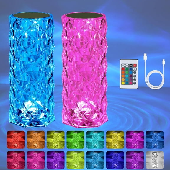 2 Pack Crystal Lamp Touch, RGB 16 Colors Changing Night Light, Rechargeable Crystal Table Lamp Bedside Lamp, Cordless Rose Diamond Battery Night Light, for Bedroom/Party/Dinner/Decoration