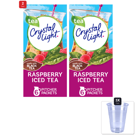 2 Pack | Crystal Light Iced Tea Raspberry Drink Mix 12-Quart Canister & 3x 9oz Disposable Plastic Cups