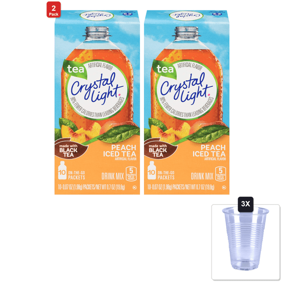 2 Pack | Crystal Light On The Go Peach Tea Drink Mix - 10 Count & 3x 16oz Plastic Cup with Strawless Sip-Lid