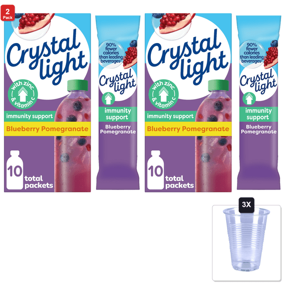 2 Pack | Crystal Light Pure Immunity Blueberry Pomegranate Drink Mix, 10 Ct On-The-Go Packets & 3x 16oz Plastic Cup with Strawless Sip-Lid