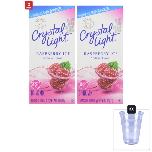 2 Pack | Crystal Light Sugar-Free Raspberry Ice On-The-Go Powdered Drink Mix 1 Box Of 10 Packets & 3x 16oz Plastic Cup with Strawless Sip-Lid