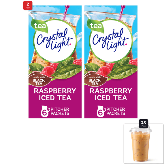 2 Pack | Crystal Light Sugar-Free Raspberry Iced Tea Naturally Flavored Powdered Drink Mix 6 Count Pitcher Packets & 3x 16oz Plastic Cup with Strawless Sip-Lid