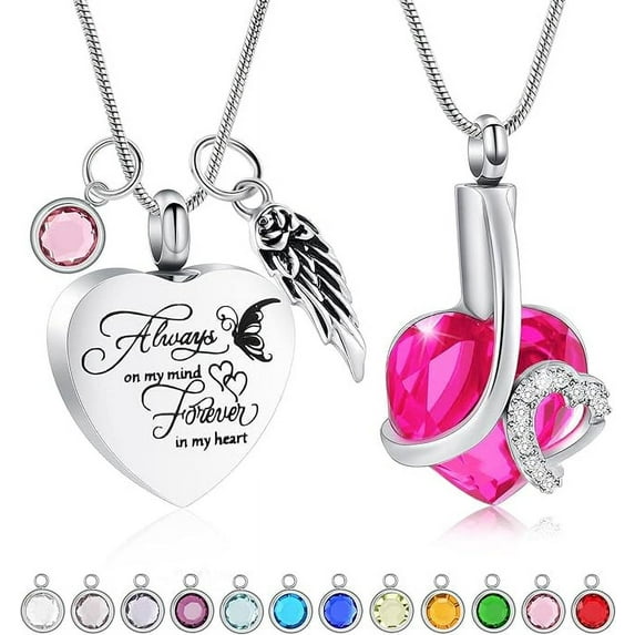 2 Pack Crystal Urn Necklace for Human Ashes Heart Birthstone Memorial Cremation Jewelry Ash Urn Necklace Memorial Cremation Necklace for Men Women