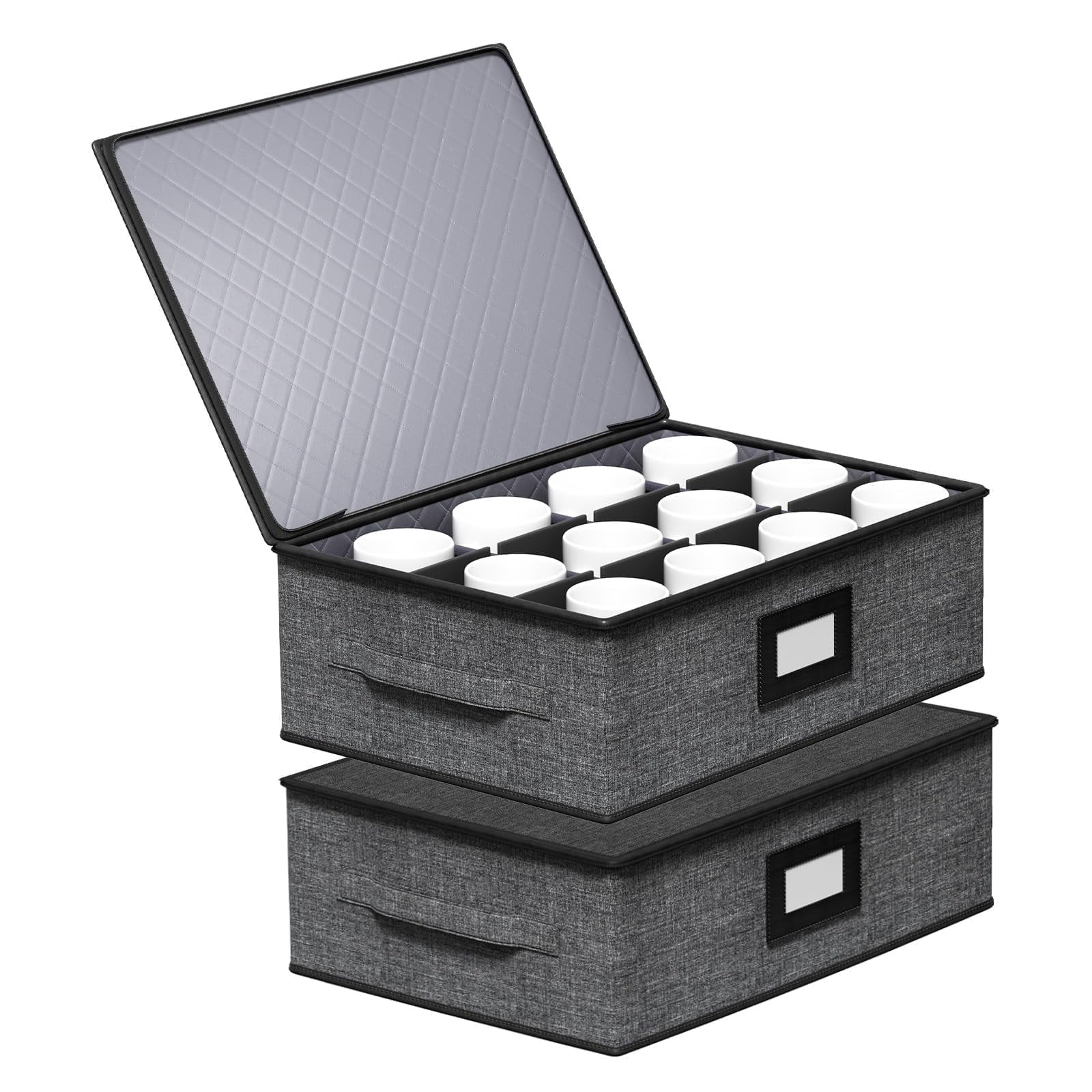 Aokeyee 2 Pack Cup and Mug Storage Box Hard Shell Holds 24 Coffee Mugs Glasses Stackable Organizers with Lid Handles Zippers Label for Moving Gray