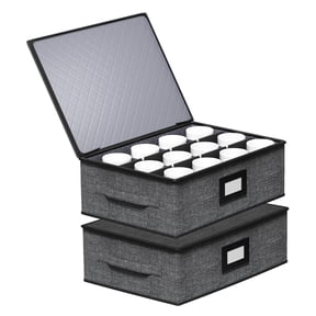 Aokeyee 2 Pack Cup and Mug Storage Box Hard Shell Holds 24 Coffee Mugs Glasses Stackable Organizers with Lid Handles Zippers Label for Moving Gray