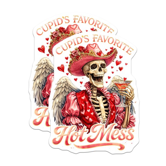 (2 Pack) Cupids Favorite Hot Mess Magnets - Pink Cowgirl Skeleton Decor - Sarcastic Galentine Fridge Accents - 5 Inches On Longest Side - Thick Durable Magnet - Made in USA