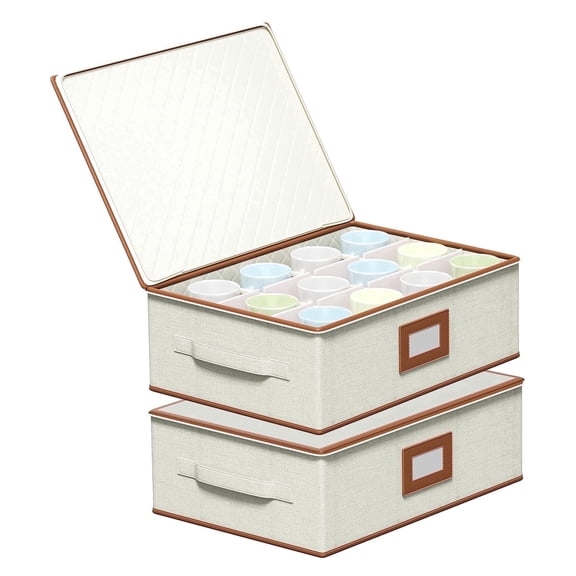 Aokeyee 2 Pack Cup and Mug Storage Box Hard Shell Holds 24 Coffee Mugs Glasses Stackable Organizers with Lid Handles Zippers Label for Moving Ivory