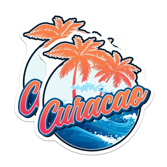 (2 Pack) Curacao Stickers - Caribbean Island Decals - Tropical Palm Tree Stickers - 5" On Longest Side - Sticks to Smooth Flat Surfaces - Made in USA - BMCS17494
