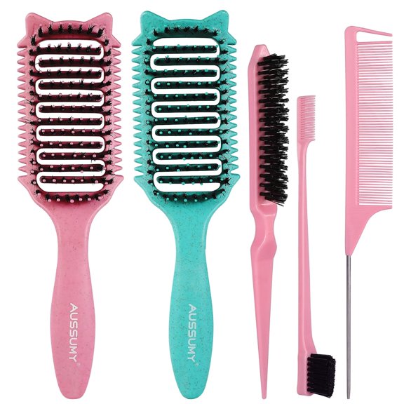 2 Pack Curly Defining & Detangling Brush - With Boar Bristle & 3 Styling Comb Tools  Shine to Shape & Define Natural Curl Waves & Coils - Vented Anti-Frizz Wet or Dry Hair for Women Men Kids