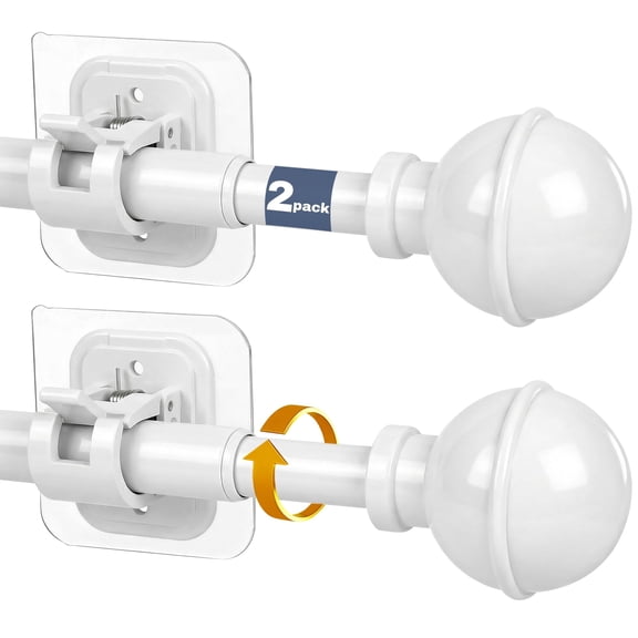 2-Pack Curtain Rod No Drilling for Windows 27 to 84", Renter Friendly No Drill Adjustable Rod, 5/8 Inch Diameter Easy Install Non Screw Screwless Apartment Rods with Stick on Bracket Holder