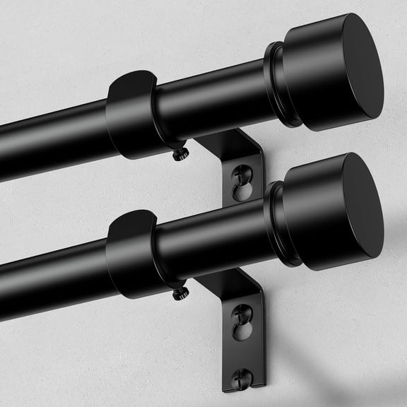 2 Pack Curtain Rods for Windows 48 to 84 Inch, Black Modern 1 Inch Window Treatment Rods with Black End Cap Finials, Decorative Adjustable Heavy Duty Easy Install Drapery Rods for Bedroom