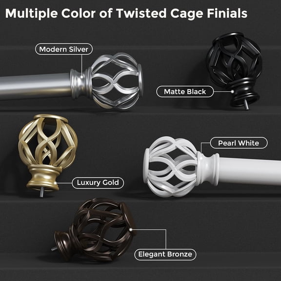 2 Pack Curtain Rods for Windows 48 to 84 Inch, Matte Black Decorative 1 Inch Window Treatment Rods with Aluminium Twisted Cage Finial, Adjustable Heavy Duty Metal Farmhouse Drapery Pole