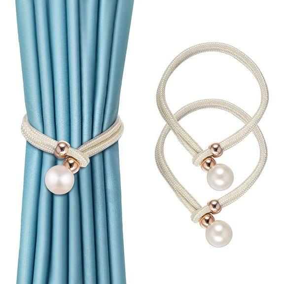 2 Pack Curtain Tiebacks, Adjustable Pull-Out Rope Tie Back with Large Imitation Pearl Bead Decorative European Style Curtain Holdbacks for Sheer and Blackout Drape, Beige