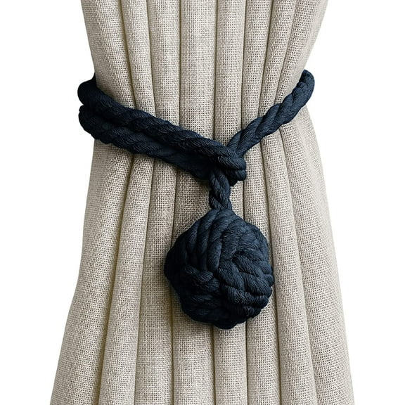 2 Pack Curtain Tiebacks, Hand Knitting Cotton Tie Backs for Window Drapes Knot Ball Rope Holdbacks,Heavy Duty Draperies Pull Backs Ties Holders Indoor Outdoor Drapery Decorative,1 Pair Navy Blue