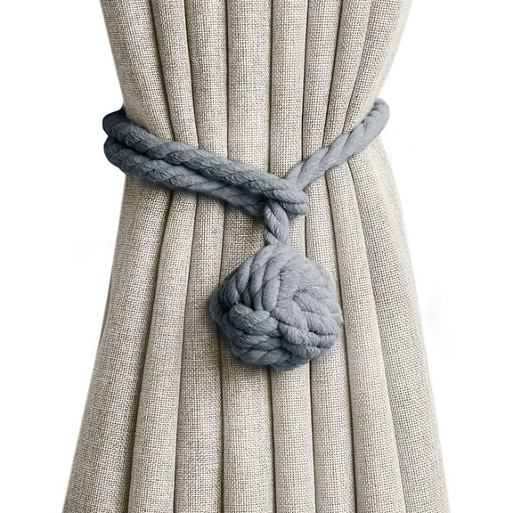 2 Pack Curtain Tiebacks,Handmade Cotton Knot Ball Rope Tieback for Curtains,Heavy Duty Window Treatment Drapes Holdbacks Holders,Indoor Outdoor Drapery Pull Backs Ties Decorative,1 Pair Grey