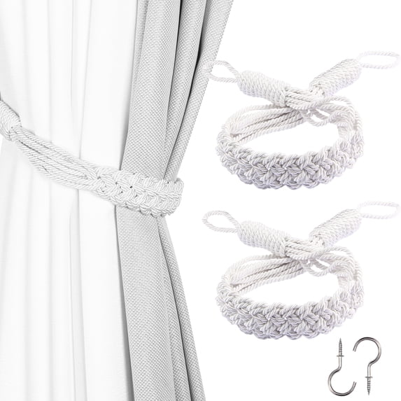 2 Pack Curtain Tiebacks Handmade Curtain Rope Tie-backs Decorative Drapery Holdbacks (White)