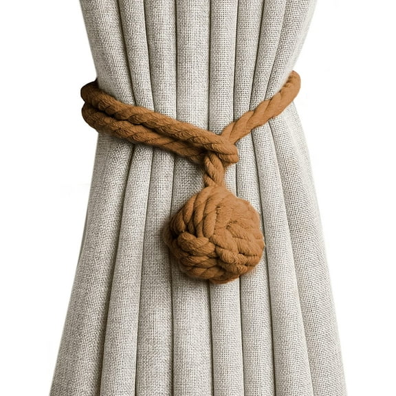 2 Pack Curtain Tiebacks Rope,Natural Cotton Drapes Holdbacks,Hand Woven Outdoor Curtain Tie Backs Holders,Village Farmhouse Drapery Knot Ball Ropes Pull Backs Window Decorative,1 Pair Coffe