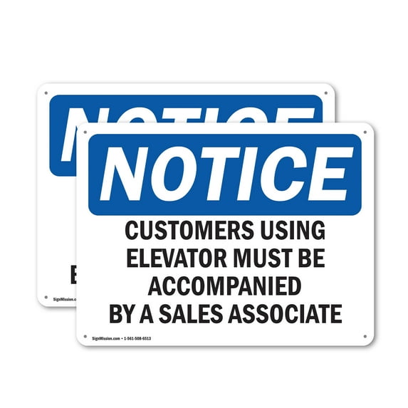 (2 Pack) Customers Using Elevator Must Be Accompanied OSHA Notice Sign 10 Inch X 7 Inch Indoor / Outdoor Rust-Free Aluminum Metal Signs for Workplace, Workshop, and Construction Site,