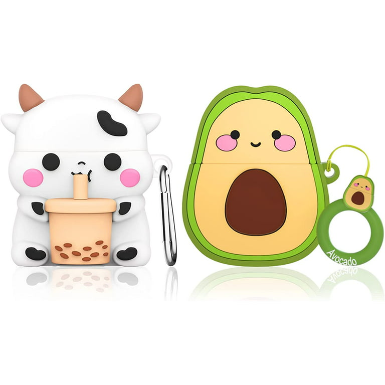 2 Pack Cute Airpod 1&2 Case Cover, Boba Tea Cow & Smile Avocado 3D