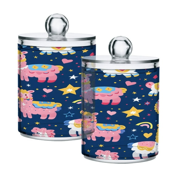 2 Pack Cute Alpacas Hearts Stars Qtip Holder Dispenser Clear Plastic Storage Apothecary Jars for Cotton Swabs Balls Pads Floss