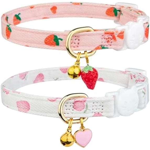 2 Pack Cute Cat Collars with Strawberry & Heart Pendant - Cotton Breakaway Safety Collars for Kittens, Adjustable with Bell, Pink & White Style for Girl Cats