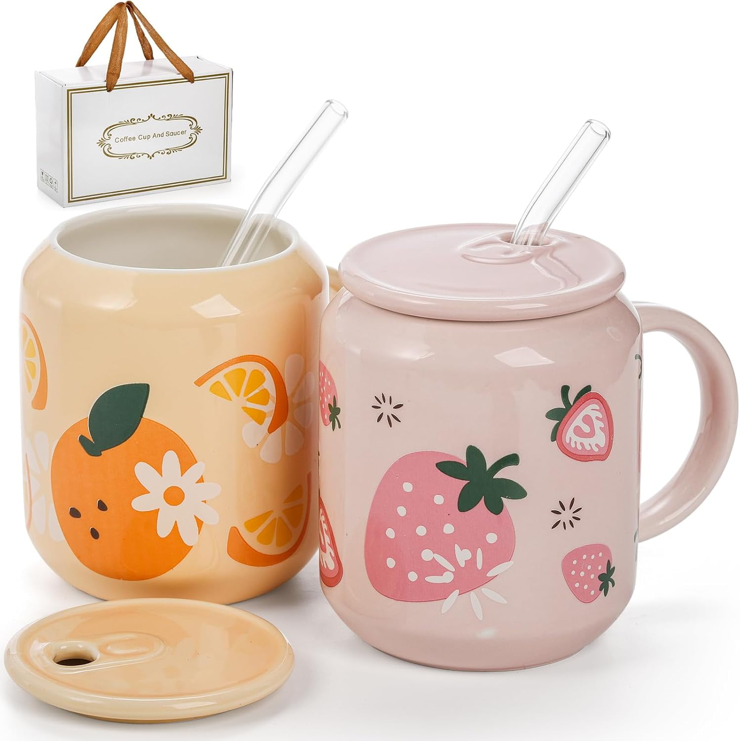 2 Pack Cute Ceramic Mugs with Lid and Straw, 13 Oz Fruits Pattern ...