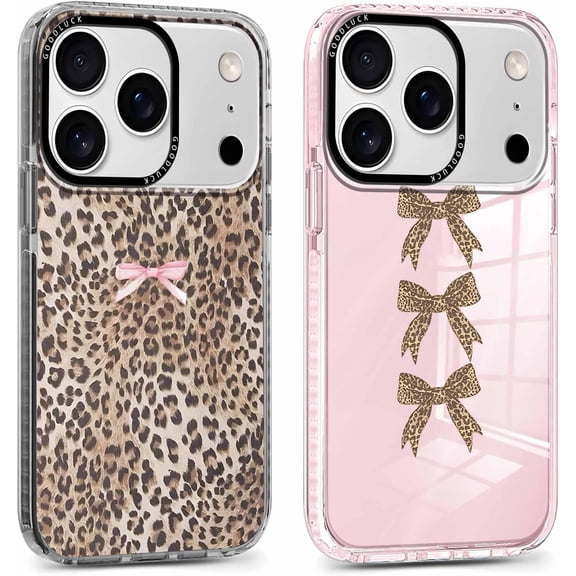 2 Pack Cute Cheetah Print Phone Case for iPhone 17 Pro Max Pink Bow Case 6.9", Clear Coquette Fashion Luxury Leopard Pattern Design Girls Women Funda Shockproof Soft TPU Protection Cover