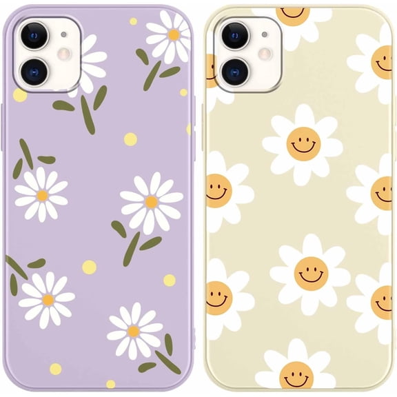 2 Pack Cute Daisy Flowers for iPhone 11 6.1" Phone Case, Smile Pattern Aesthetic Design Cases Soft Silicone Slim TPU Shockproof Protective Fundas for Teen Girls Women (Purple&Beige)