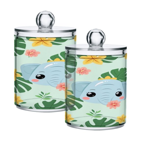 2 Pack Cute Elephant Head and Plant Qtip Holder Dispenser Clear Plastic Storage Apothecary Jars for Cotton Swabs Balls Pads Floss