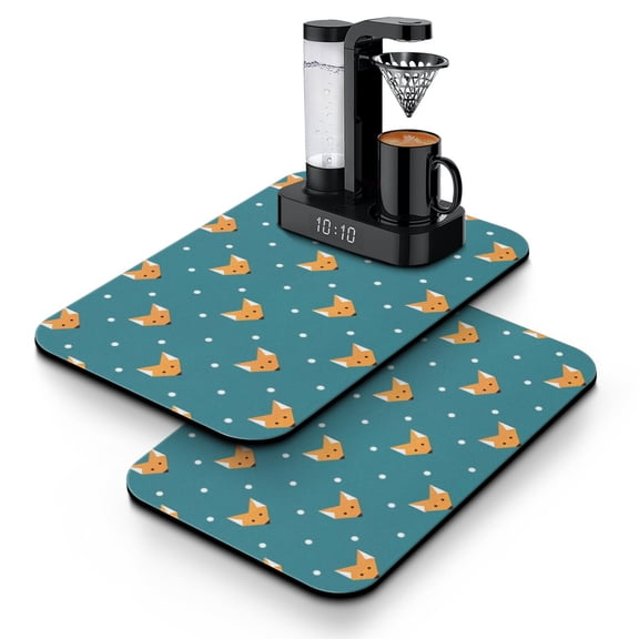 2 Pack Cute Fox Design Coffee Maker Mat - Cartoon Fluffy Print Absorbent Pad for Countertops, Non-Slip Dish Drying Mat
