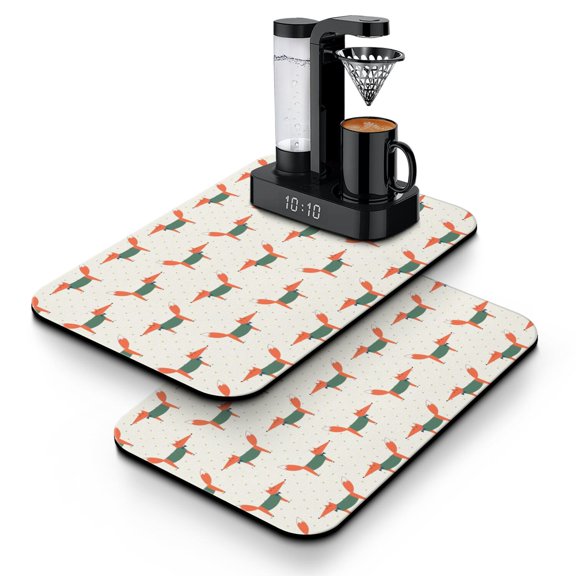 2 Pack Cute Fox Design Coffee Maker Mat - Cartoon Fluffy Print Absorbent Pad for Countertops, Non-Slip Dish Drying Mat