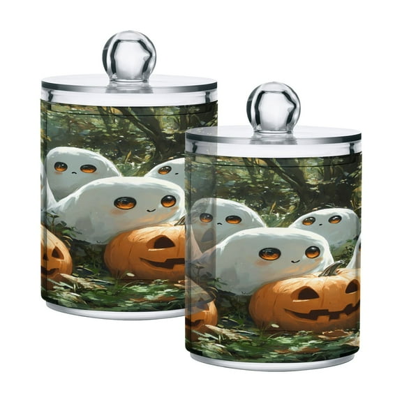 2 Pack Cute Ghosts Pumpkins in Forest Qtip Holder Dispenser Clear Plastic Storage Apothecary Jars for Cotton Swabs Balls Pads Floss