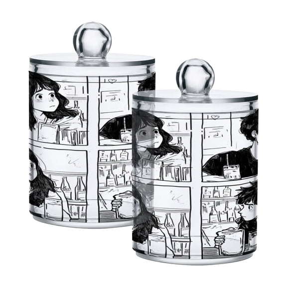 2 Pack Cute Girl and Boy in Bar Qtip Holder Dispenser Clear Plastic Storage Apothecary Jars for Cotton Swabs Balls Pads Floss