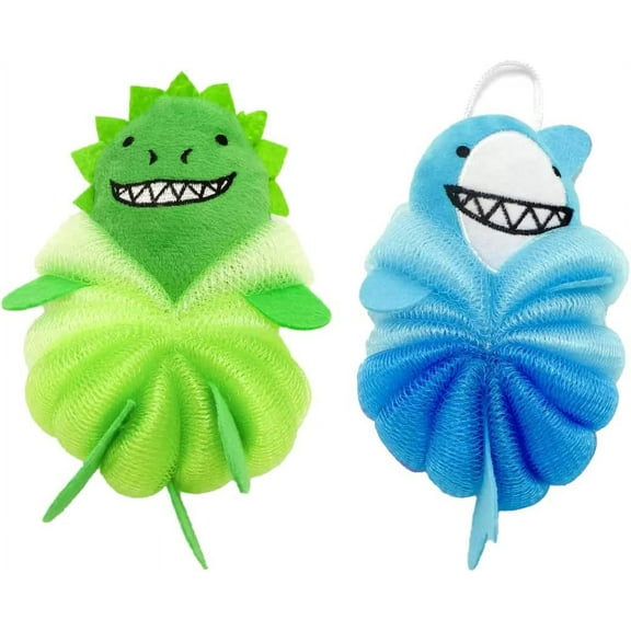 2 Pack Cute Loofah Fun Colorful Cartoon Design Mesh Pouf 7 x 4 Shower Bath, Sponge Body Scrubber, Washing Ball for Kids Toddlers Adults by (Blue Shark & Green Dinosaur)